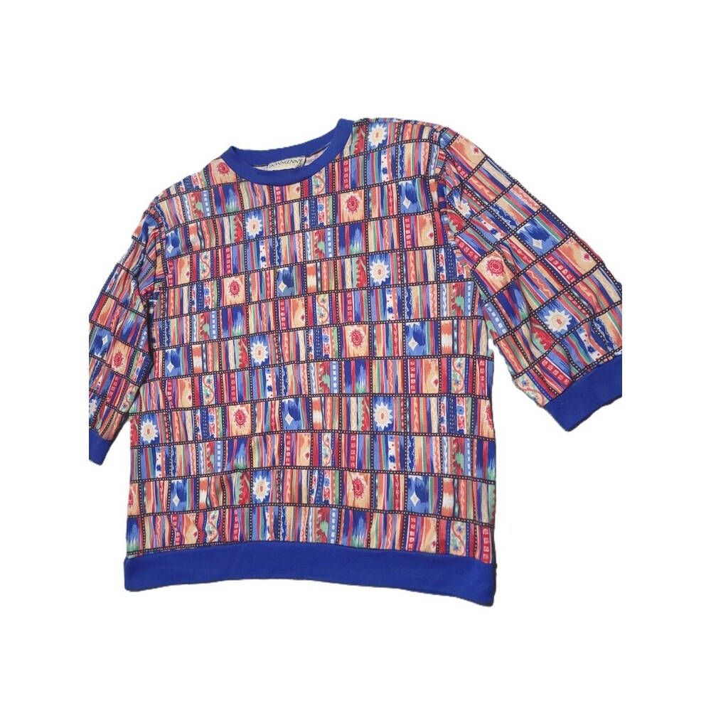 Vintage Donnkenny Blouse Womens 1X Colorful Tile Pattern 3/4 Sleeve USA Top